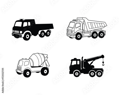 Collection of four distinct heavy construction vehicles including a dump truck cement mixer tow truck and flatbed truck rendered in a simple black and white illustration style