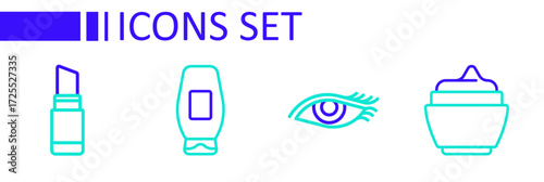 Set line Cream or lotion cosmetic tube, Woman eye, Bottle of shampoo and Lipstick icon. Vector