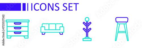 Set line Chair, Coat stand, Sofa and Chest drawers icon. Vector