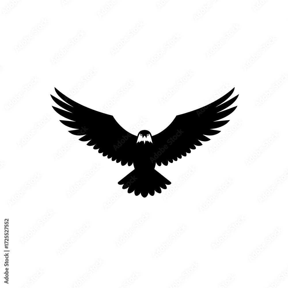 Fototapeta premium Silhouette of a hawk in mid-flight, sharp clean wings, flat black vector.
