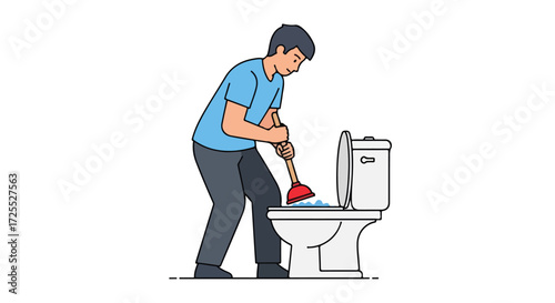 Man using a plunger to unclog a toilet illustration of household plumbing problem solving and home maintenance in a simple cartoon style