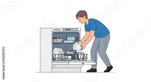 Man carefully unloading clean dishes from a modern dishwasher in a well-lit kitchen environment demonstrating daily chores and home care routines