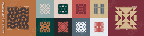 Kit of Postmodern geometric compositions with abstract shapes in brutalism aesthetics, mosaic of brutal figures, trendy color retro futuristic elements, vector modernist ornament, cards art 18