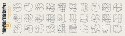 Isometric line brutal 3D shapes, Postmodern abstract geometric graphic frame elements, Brutalism volumetric carcass various form, trendy cyber design symbols in futuristic aesthetics, vector set 6