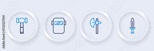 Set line Medieval sword, axe, Welding mask and Hammer icon. Vector