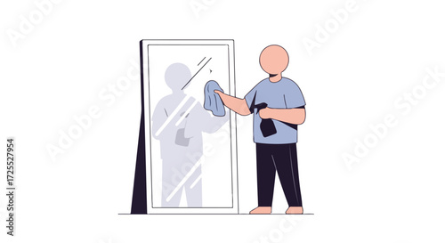 Conceptual illustration portraying a person using cleaning products to clean a mirror, highlighting domestic chores and hygiene practices for a tidy
