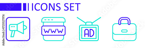 Set line Briefcase, Advertising, Browser window and Megaphone icon. Vector
