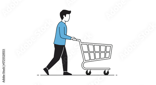 Minimalist illustration portraying a man pushing a shopping cart symbolizing consumerism and retail activity on a clean white background