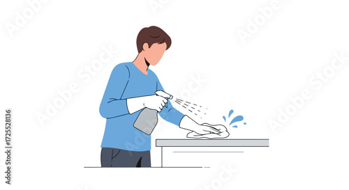 Illustration of a person cleaning a surface with a spray bottle and wiping it down for hygiene purpose and maintaining a clean environment