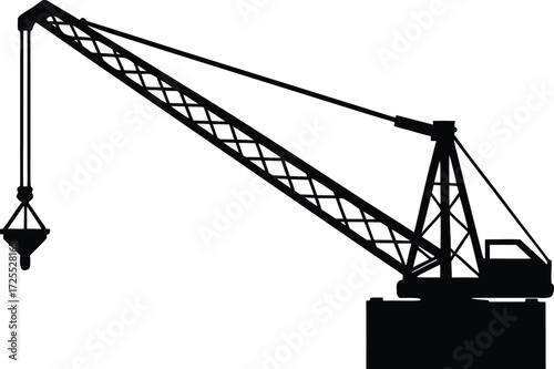 large construction crane with hook and extended arm Silhouette vector illustration