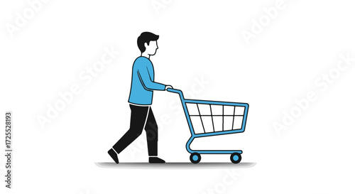 Minimalist illustration showcasing a person leisurely pushing a shopping cart in simple style perfect for commercial design needs