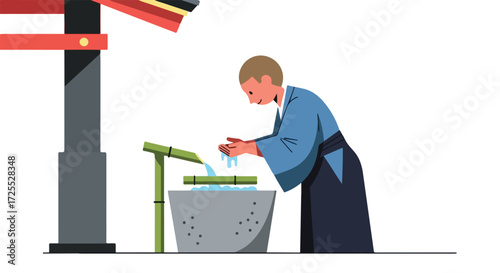 A serene scene depicts a minimalist illustration of a person performing ritual purification at a traditional Japanese water basin gracefully