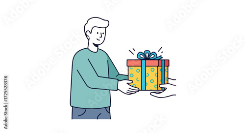 Handing over the gift: A cartoon illustration of a man giving a beautifully wrapped present to someone special with white background