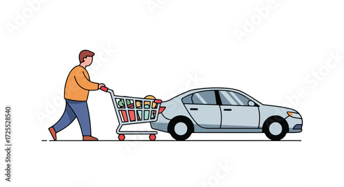 Illustration showcasing a man pushing a shopping cart towards a car after completing grocery shopping, emphasizing consumerism and convenience