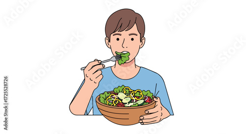 Illustration of a young man enjoying a vibrant and healthy salad for a nutritious meal, showcasing wellness and dietary habits