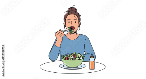Depiction of a young woman savoring a vibrant salad, promoting a healthy lifestyle and mindful eating habits, enhancing nutritional well-being