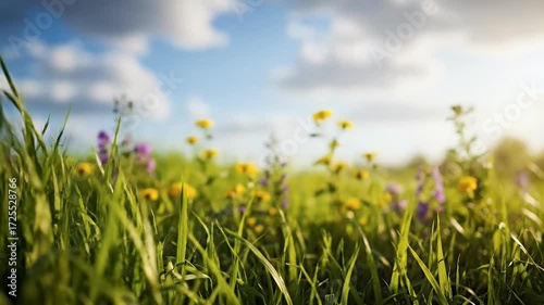 Vibrant spring meadow with lush green grass and wildflowers under a bright sunny sky