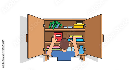 Illustration showcasing an individual organizing a closet filled with diverse household items on shelves with open doors