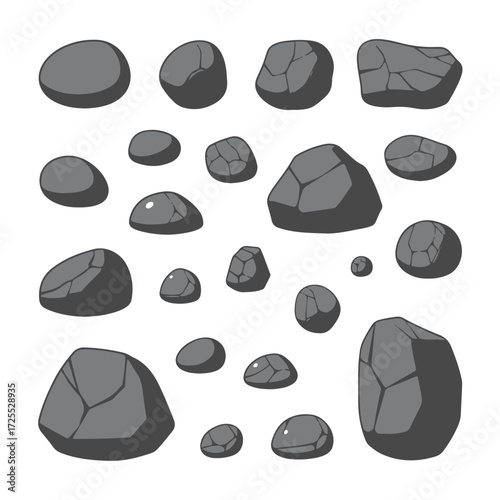 Cartoon grey stone and rock clipart, 3D boulders and pebbles, pile of rubble and debris, isolated natural landscape elements, mountain cliff and rocky terrain design. Vector set
