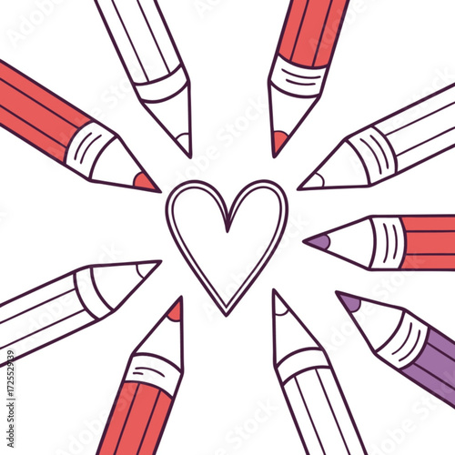 Minimilist heart surrounded by colored pencils in a circular pattern on a white background creating a love theme vector