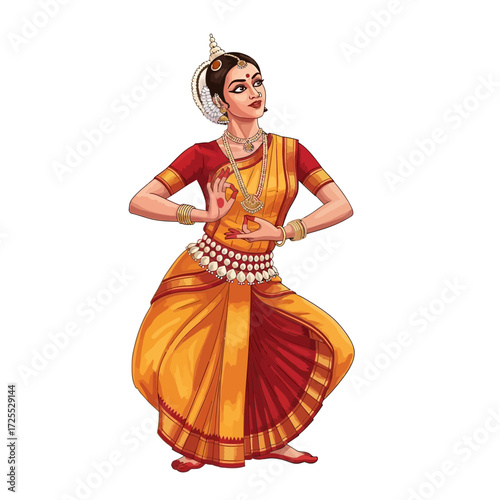 A graceful Indian dancer in traditional attire performs a classical dance pose, adorned with jewelry and a vibrant costume.
