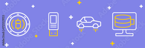 Set line Cloud database, Fantastic flying car, USB flash drive and Cryptocurrency coin Bitcoin icon. Vector