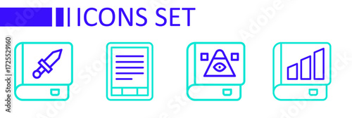 Set line Financial book, Ancient magic, E-Book reader and about weapon icon. Vector