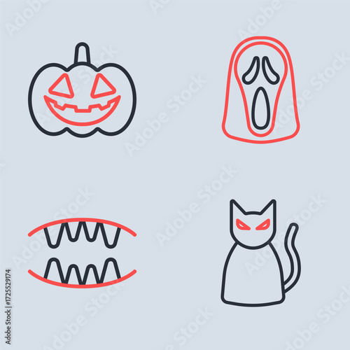 Set line Funny and scary ghost mask, Vampire teeth, Black cat and Pumpkin icon. Vector