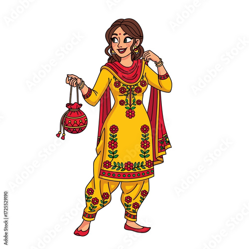 Cartoon illustration of a smiling Indian woman wearing a yellow salwar kameez with red floral embroidery, holding a red potli bag.