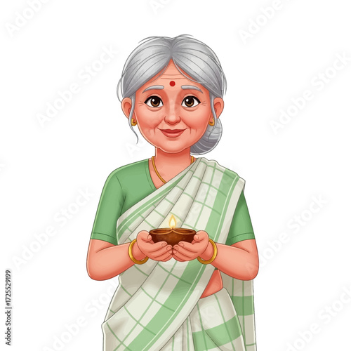 Smiling elderly woman in traditional Indian attire holding a lamp, a depiction of cultural heritage.