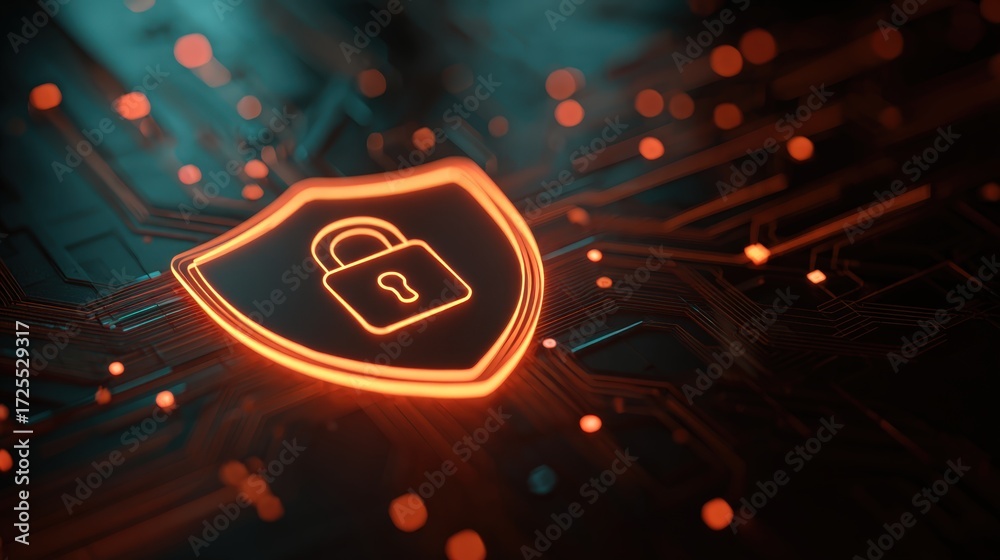 Fototapeta premium Digital Security Concept with Lock Symbol on Abstract Circuit Board Background