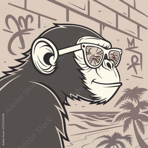 Minimilist ape with sunglasses standing in front of a beach with palm trees and graffiti on a brick wall vector