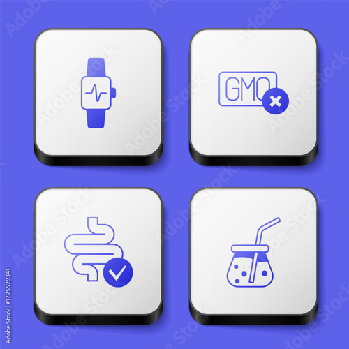 Set Smart watch with heart, No GMO, Intestines and Fresh smoothie icon. White square button. Vector