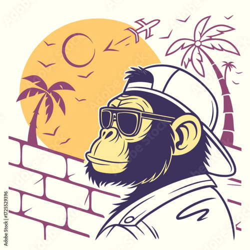 Minimilist illustration of a cool monkey wearing sunglasses and a cap with a tropical background scenery design vector