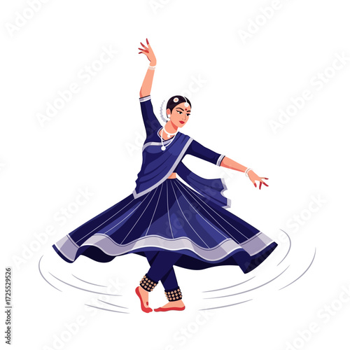 An elegant Indian woman performs a classical dance, spinning gracefully in a flowing blue traditional costume.