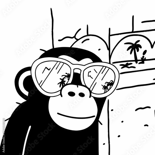 Minimilist illustration of a monkey wearing sunglasses with a beach scene reflected in the lenses standing outside vector