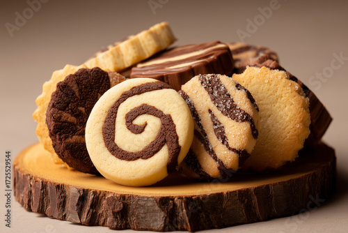 Assorted swirl and sugar crust biscuits on rustic wood slice