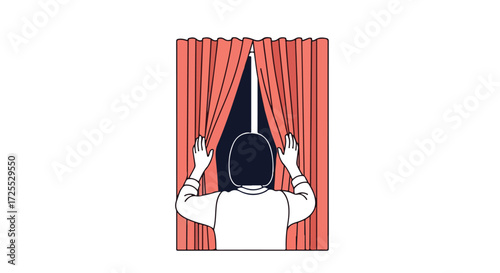 Drawn woman with short black hair peeking through parted coral curtains in a minimalist style depiction of curiosity and discovery