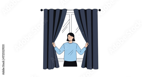A woman unveils daylight drawing back curtains, suggesting a start of a day, hope, or anticipation of change from the indoors to the outside world