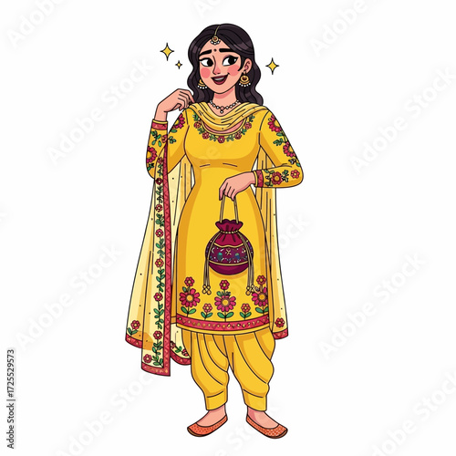 A cheerful young woman adorned in a vibrant yellow Punjabi salwar kameez, accessorized with jewelry and a decorative purse, posing elegantly.