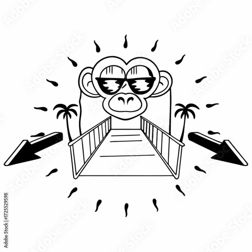 Minimilist monkey with sunglasses on a bridge with palm trees and arrows pointing to the left and right side vector