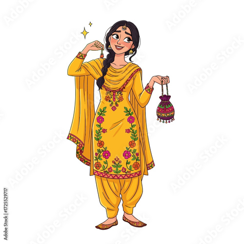 Smiling young woman in traditional yellow Punjabi suit, holding a decorative bag.