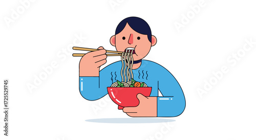 Enthusiastic Cartoon Man Devouring Noodles with Chopsticks and a Bowl of Delicious Flavorful Asian Cuisine