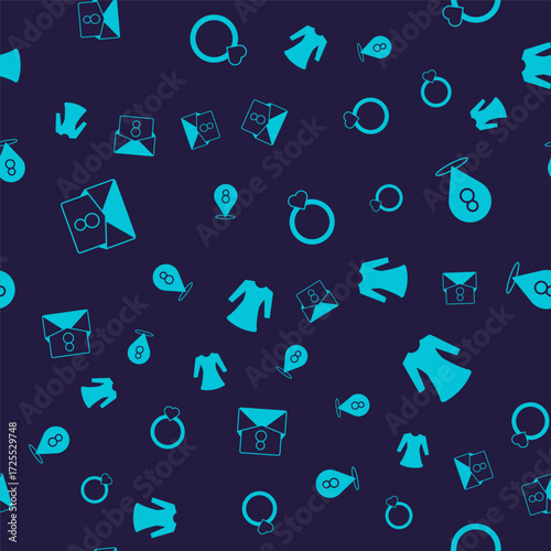 Set Envelope with 8 March, Diamond engagement ring and Woman dress on seamless pattern. Vector