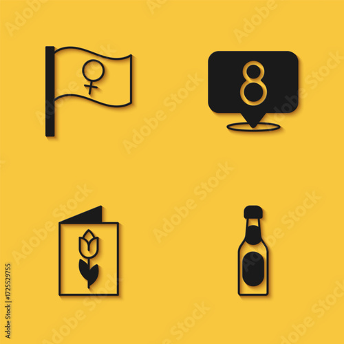 Set Feminist activist, Champagne bottle, Greeting card with 8 March and icon with long shadow. Vector