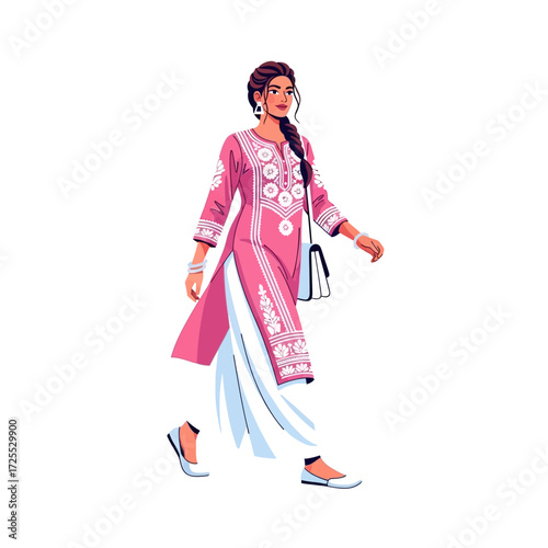 Stylish woman in pink embroidered kurta and palazzo pants walking.