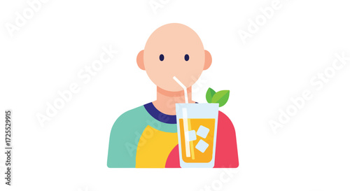 Person enjoying a cold beverage with ice cubes and fresh green leaves in a simplistic graphic style illustration