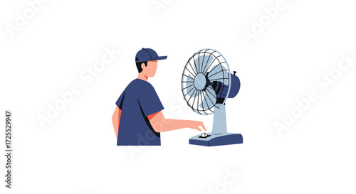 Turning on the Fan: A Man Adjusting a Table Fan on a White Background Depicted as a Vector Illustration
