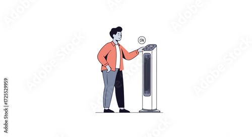 Illustration showing a person activating a tower fan for enhanced ventilation and creating a comfortable atmosphere inside the space to combat the