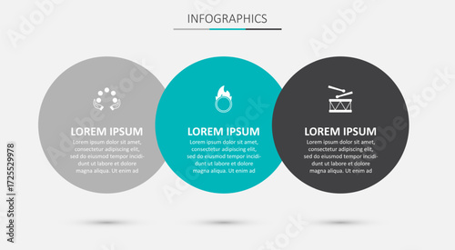 Set Circus fire hoop, Juggling ball and Drum with drum sticks. Business infographic template. Vector